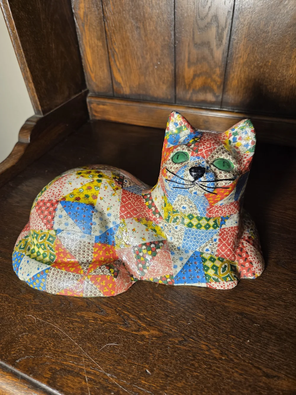 Vintage Multicolor Patchwork Cat Figurine